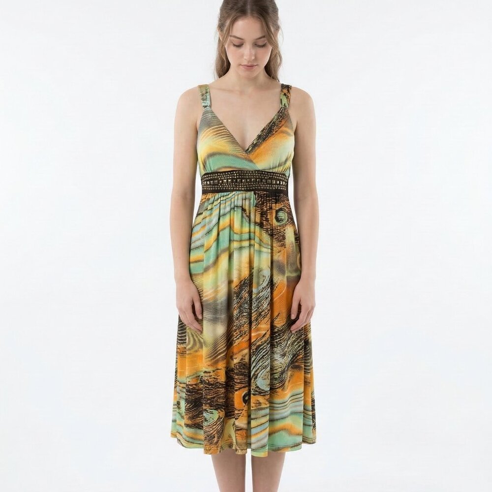 Studio West Dress Babydoll Y2K Peacock Studded Orange Green XL